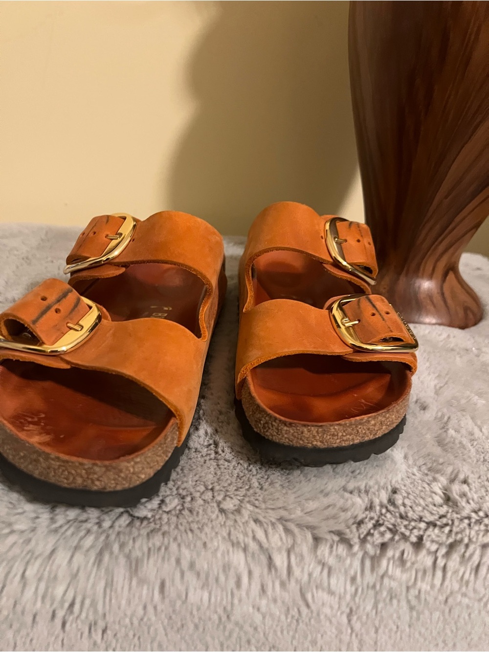 Birkenstock Orange Suede Double-Buckle Sandals with Gold Buckles